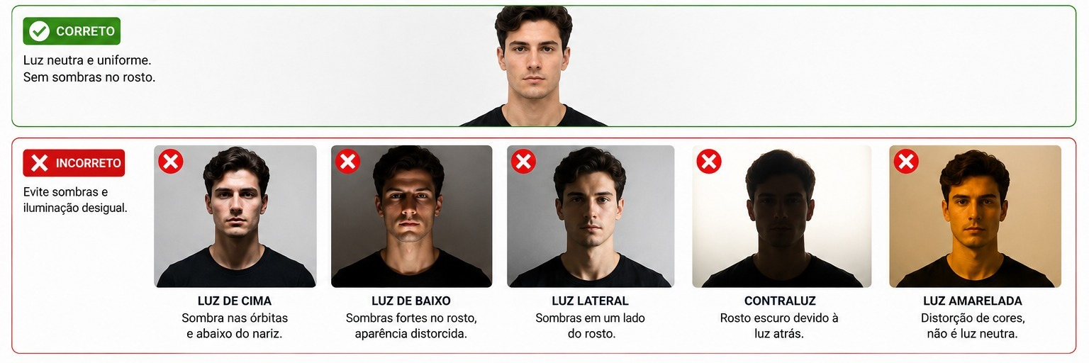 Comparação entre iluminação frontal uniforme correta e exemplos incorretos com luz superior, inferior, lateral, contraluz e luz amarelada.